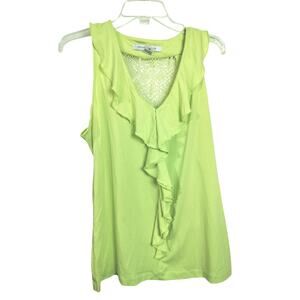 3821) Peter Nygard Green Ruffle V Neck Lace Pullon  Tank Medium
